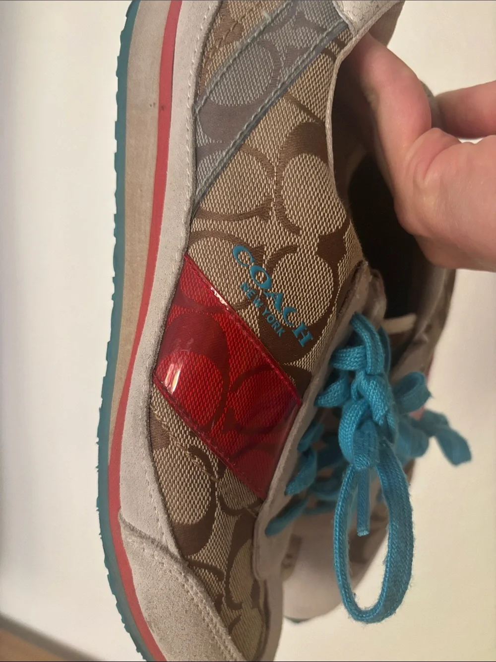 Coach Beige Signature Print Sneakers with Red Stripe and Teal Accents